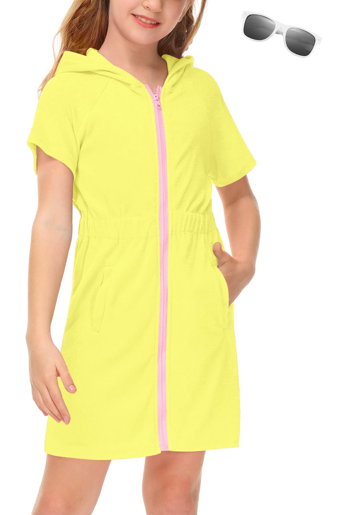 BesserBay Girls Swim Cover Up Beach Bathing Suit Coverups for Swimwear Zip-Up Terry Cloth Robes with Sunglasses 6-14 Years