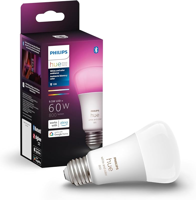 Bombilla LED inteligente A19 de 60 W - Luz blanca y de ambiente que cambia de color - 1 paquete - 800 lm - E26 - Interior - Control con la aplicación Hue - Funciona con Alexa, Google Assistant y Apple Homekit