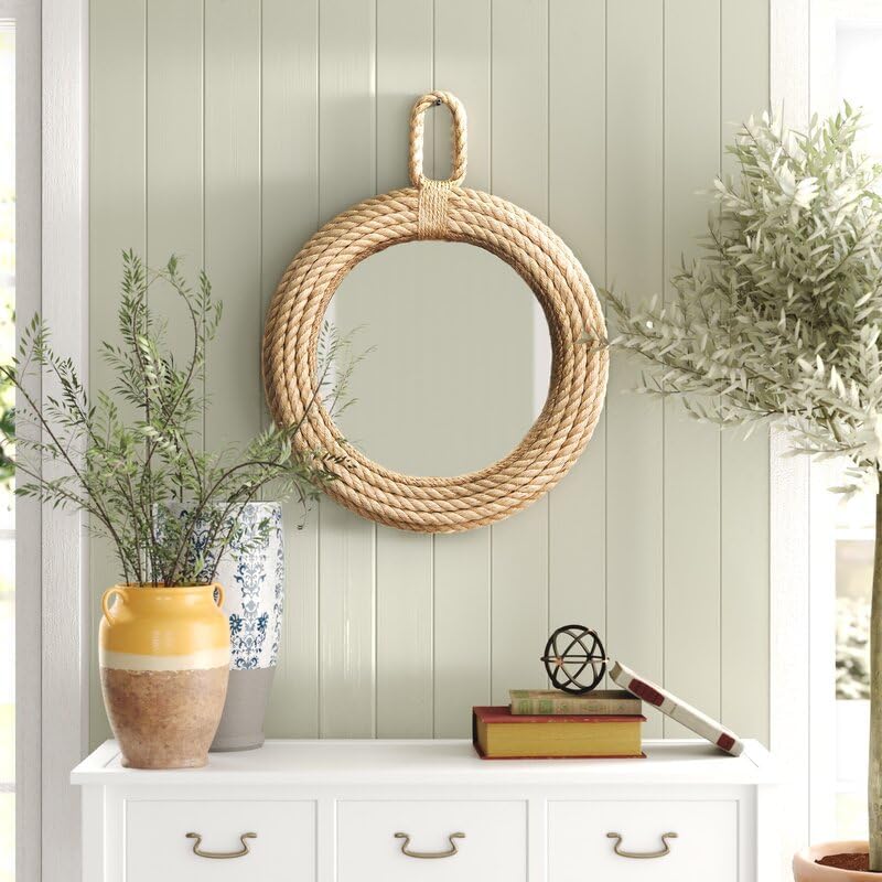 Image of 30 inch Round Wall Mount Mirror with Hook, Brown, Vintage Rope, Easy to Hang, Perfect for Bathroom, Bedroom, Living Room, Hallway