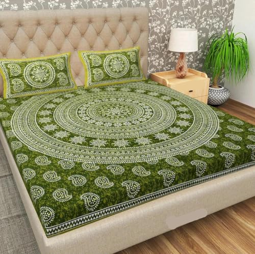 Image of JAIPUR PRINTS 100% Cotton Rajasthani Jaipuri Traditional Floral Double Bedsheet with 2 Pillow Covers - Multicolor, 180-200 tc (Blue-Carry, Double)