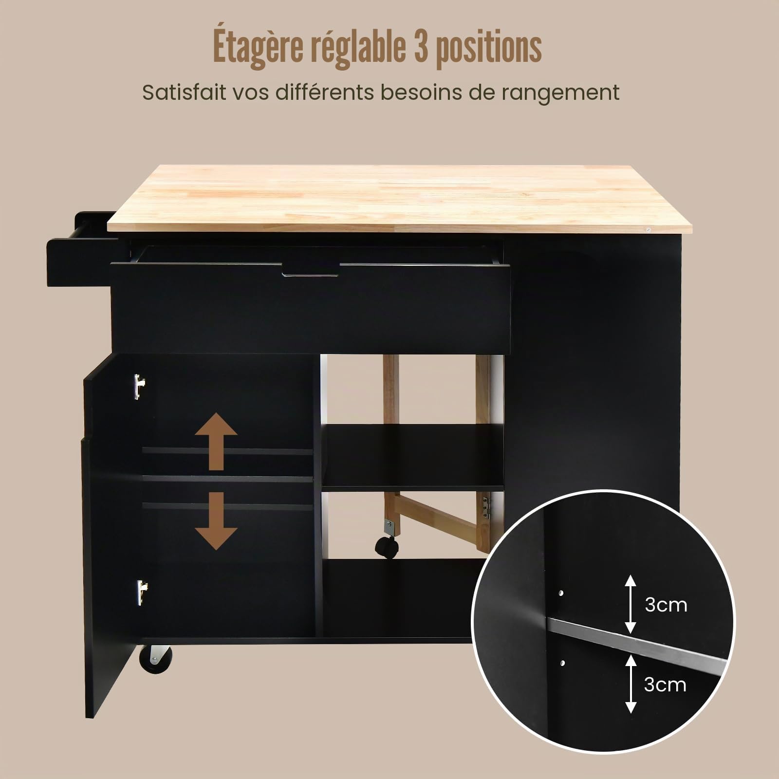 KOMFOTTEU Îlot Central Mobile avec Plan de Travail en Bois Massif, Desserte de Cuisine avec Tiroirs, Armoire à Porte & Étagères latérales, Desserte de Service, 124 x 76 x 92 cm (Noir)