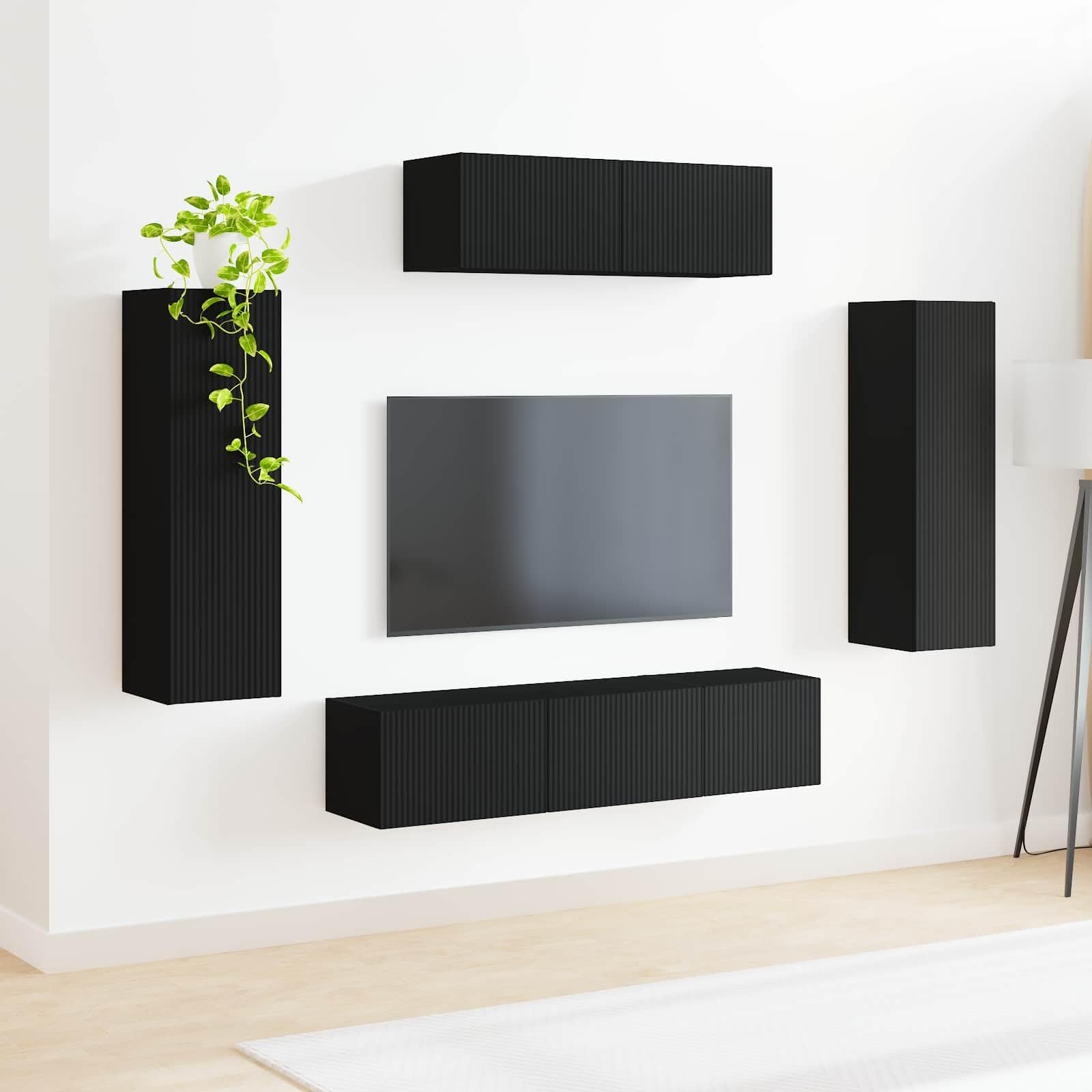 Mobile TV nero da parete, 5 pezzi, con vano portaoggetti, ripiani, cassetti e copertina, mobili multimediali moderni per soggiorno, camera da letto, home theater, console di gioco, soundbar