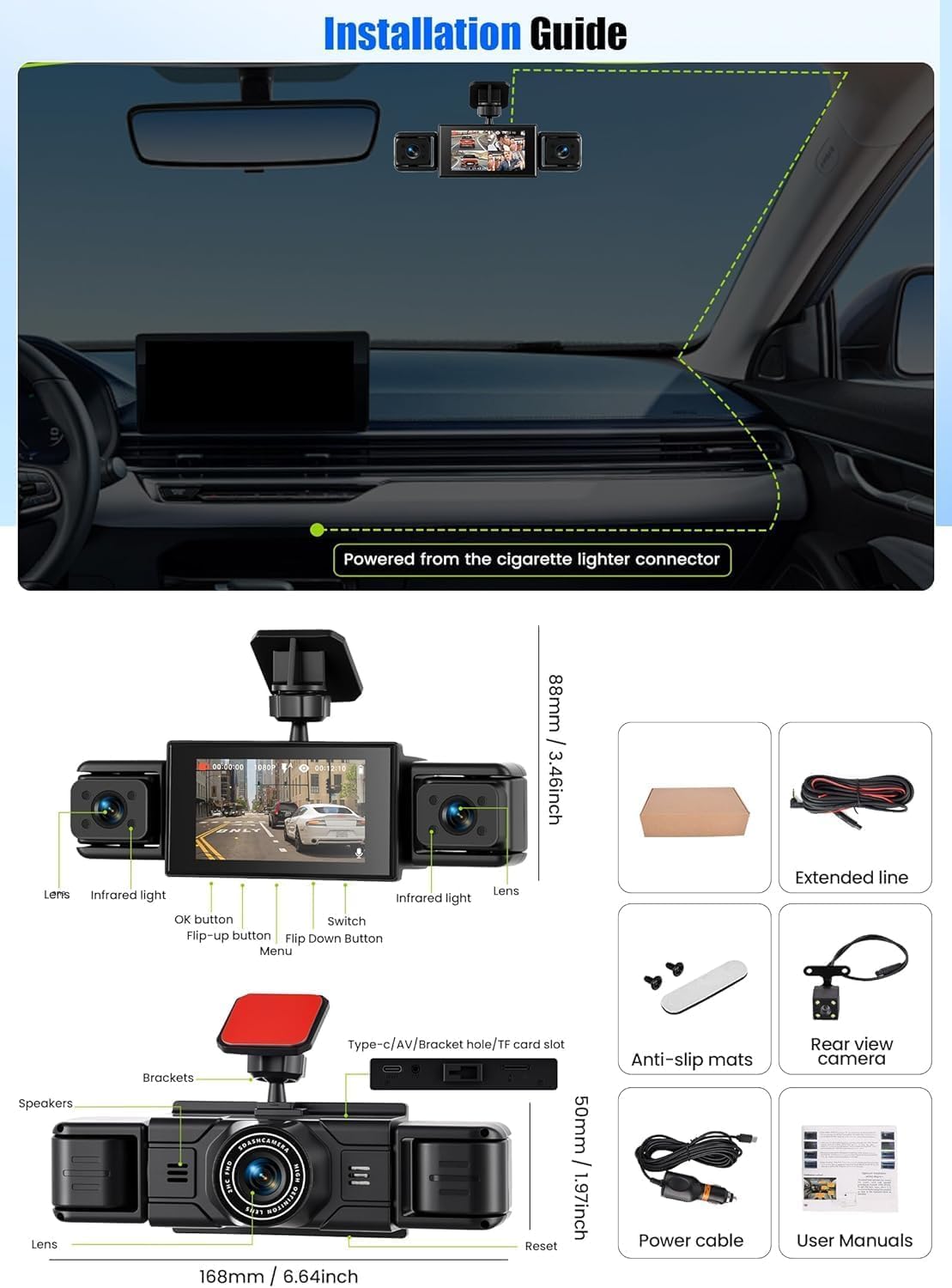 CAMECHO 4 Canali 1080P Dash Cam Auto integrata anteriore, 360° Telecamera integrata anteriore/sinistra/destra/posteriore, Display 3'' Visione Notturna Registrazione in loop Rilevamento del movimento