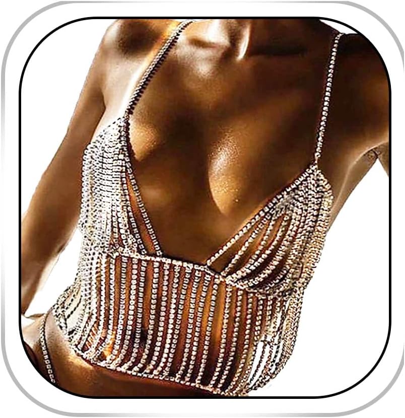 Aiosy Rhinestone Body Chain Bra Silver Chain Top Sexy Bra Chains Jewelry Beach Bikini Chest Chain Crystal Rave Nightclub Party Body Accessories for Women