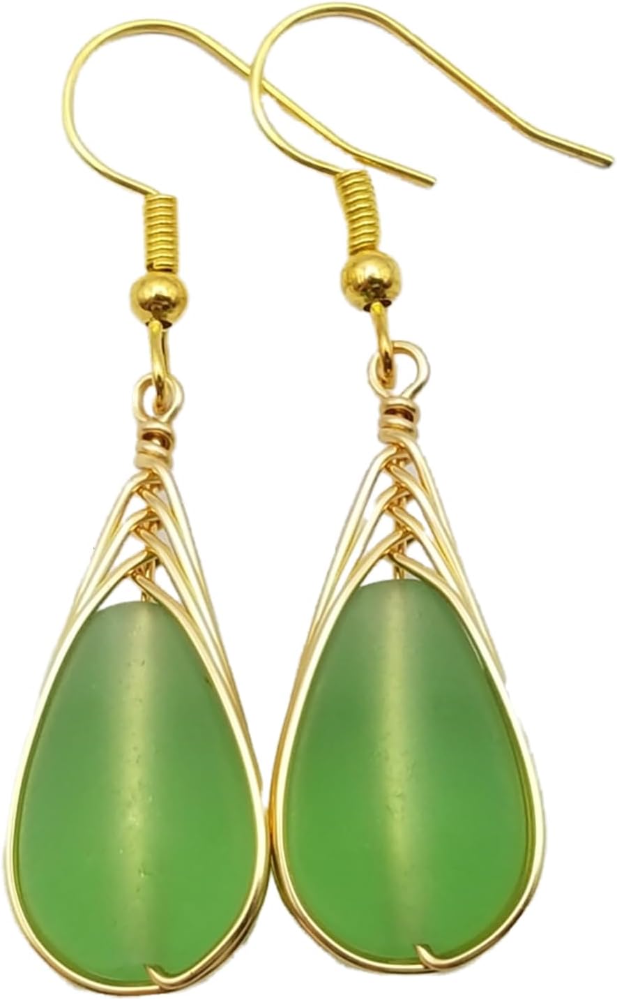 Yinahawaii Handmade Sea Glass Earrings, Hawaiian Jewelry, Gold Wire Braided Earrings Teardrop Earrings, Sea Glass Jewelry, Custom Birthsday Gift For Women