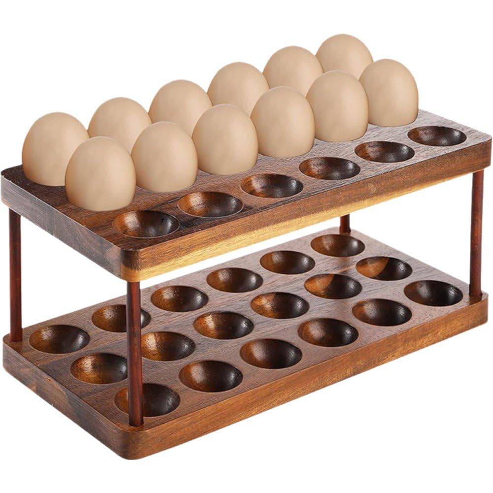 Soporte De Madera para Huevos De Doble Capa, Organizador De Bandejas para Huevos De Cocina De Granja, Estante De Almacenamiento De Huevos Frescos De 2 Niveles para Encimera