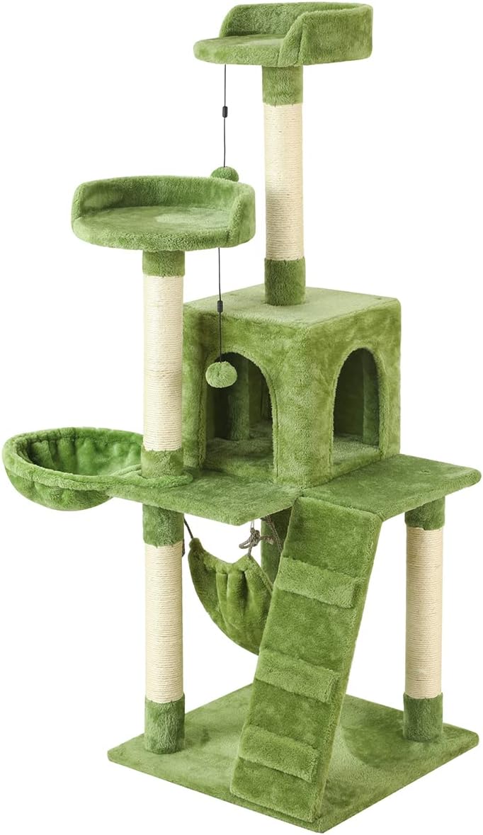KZLAA 135cm Rascador para Gatos Árbol de Actividades para Gatos, Torre de Escalada Felpa para Gatito, Verde