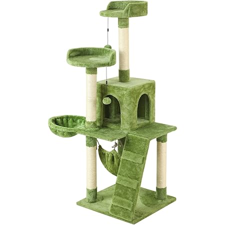 KZLAA 53in Cat Tree Cat Tower Condo Furniture Scratch Post with Natural Sisal Rope, Hammock & Cradle for Cats Kittens, Tall Cat Climbing Stand with Plush Perch & Toys (Green)