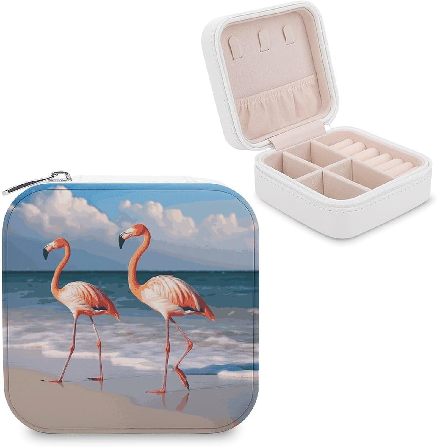 Pink Flamingo Walking on The BeachPortable PU Leather Jewelry Box