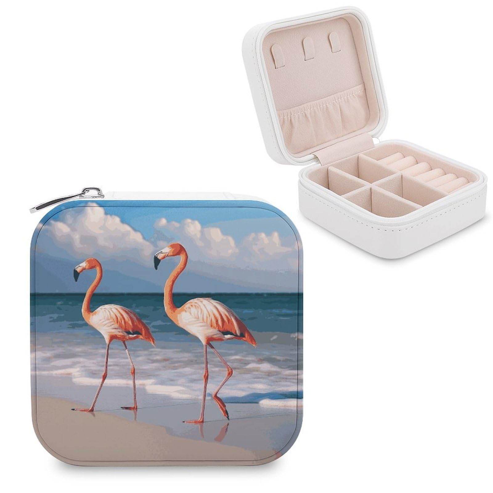 FekiLoot Pink Flamingo Walking on The Beach Jewelry Box Exquisite Jewelry Organizer Silver Gold Trinket Storage Case Multi Compartments Cute Earrings Ring Necklace Holder For Woman Household Gift