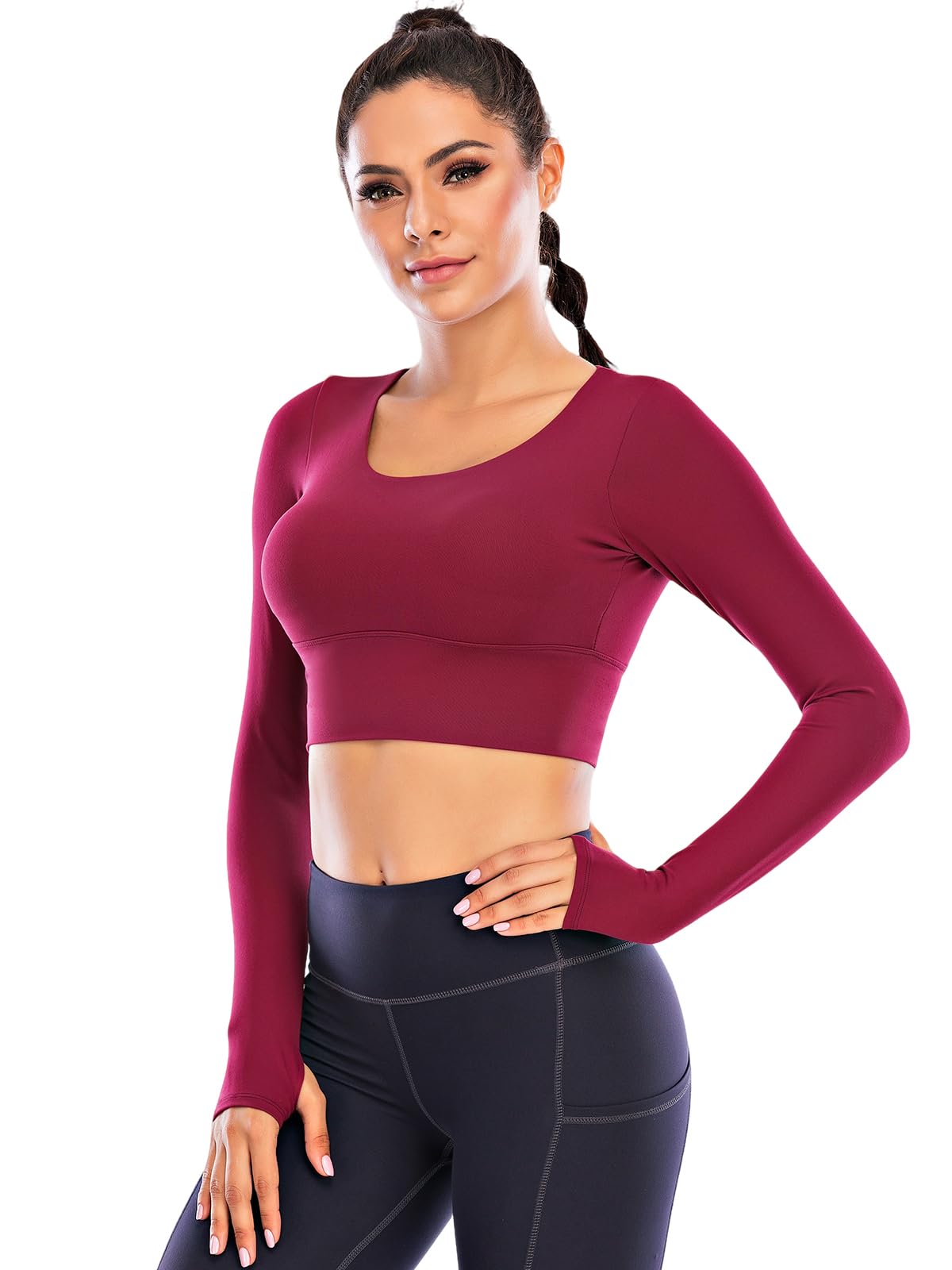 ECUPPER Women Long Sleeve Workout Tops Backless Yoga Gym Shirts Athletic Crop Top with Built in Bra for Fitness Sports