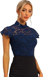 Women's Elegant Floral Lace Blouse Short Sleeve Keyhole Back Fitted Semi Sheer Top