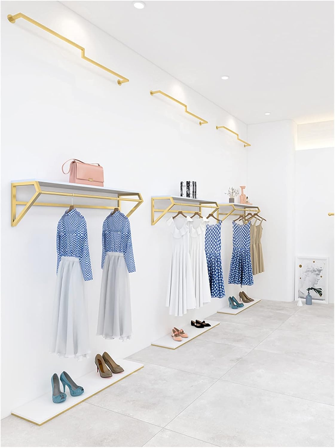 Floor-Standing Solid Wood Rotating Coat Rack，Heavy Duty Wall Mounted Garment Rack with Floating Shelf - 60cm Metal Clothes Display Hanger in Gold Finish for Retail and Bedroom Storage Soluti