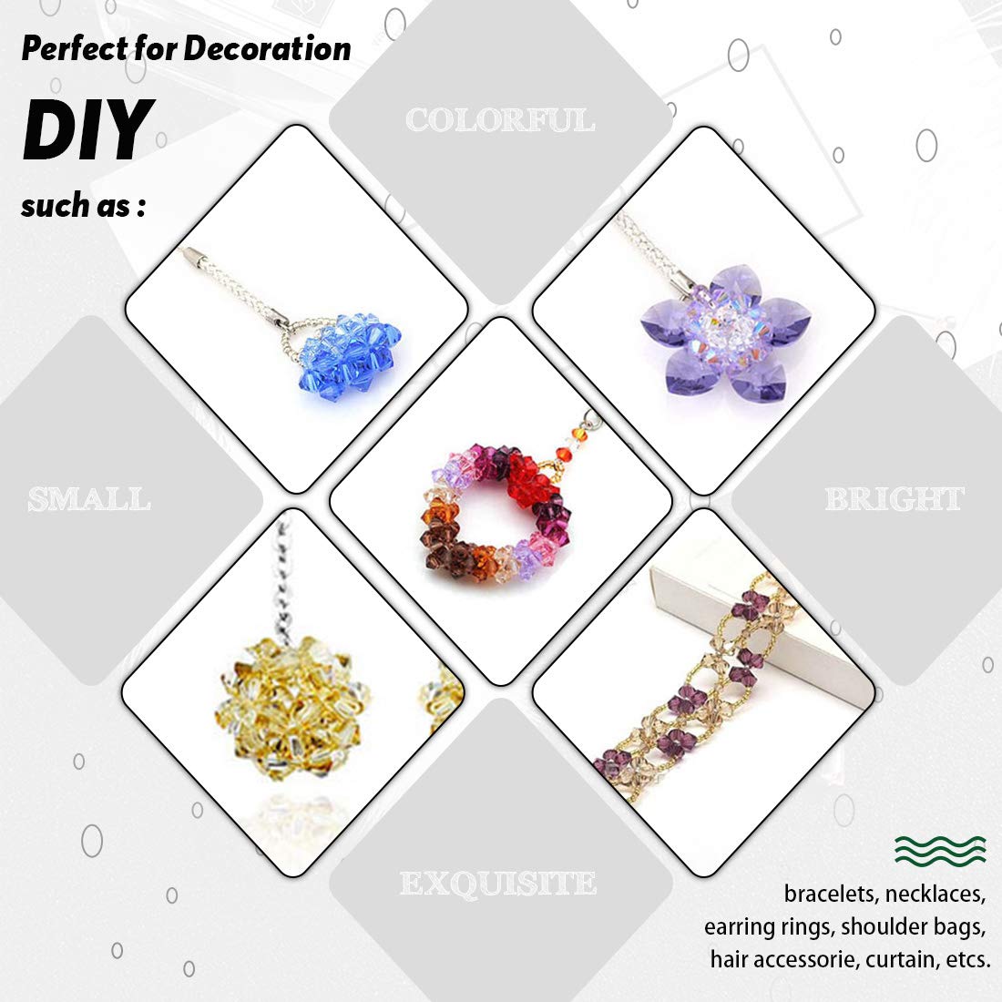 Keadic 1800 Stück Kristallperlen Set - 15 Farben 4mm Doppelkegel Perlen Mit Elastischen Kordeln