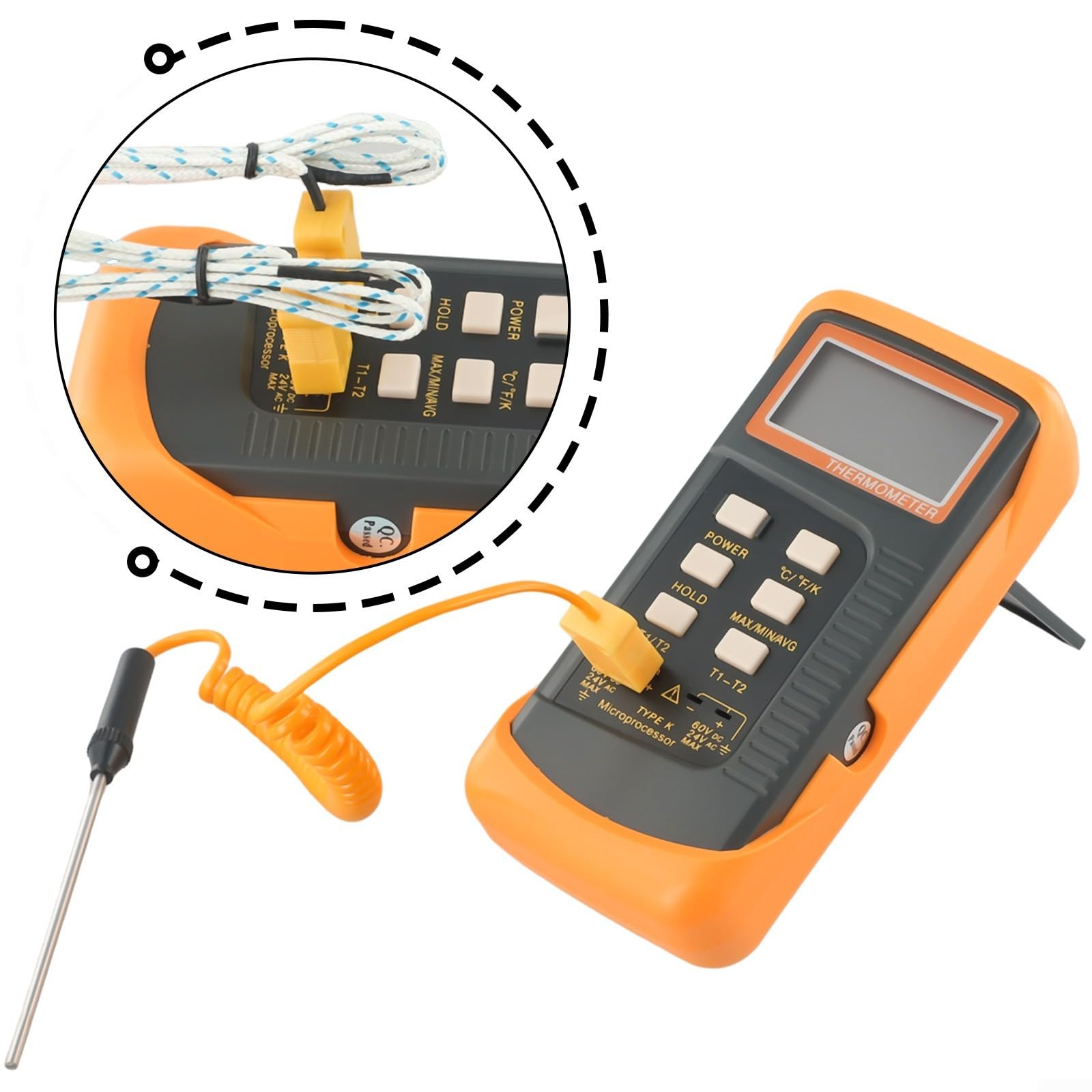 Termometro digitale a doppio canale K 6802 II con 4 sonde per misurazione della temperatura BGA HVAC da -50 °C a 1300 °C, doppio ingresso T1/T2, monitoraggio con display LCD e conservazione