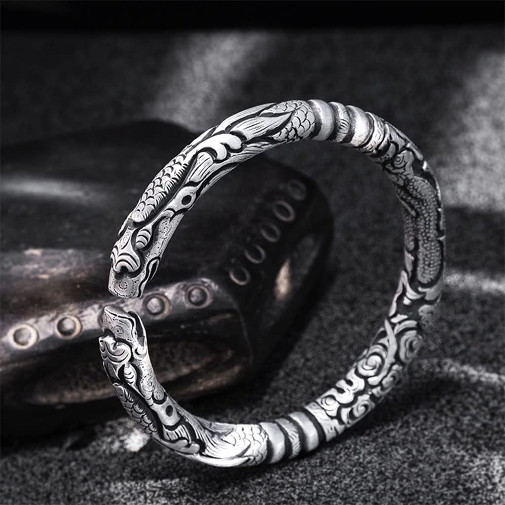 Herren Sterling Silber Doppelkopf-Drache Armband, Altnordisch Wikinger Einstellbare Handgefertigte Manschettenarmring Amulett, Ethnischer Stil Heidnisch Schmuck