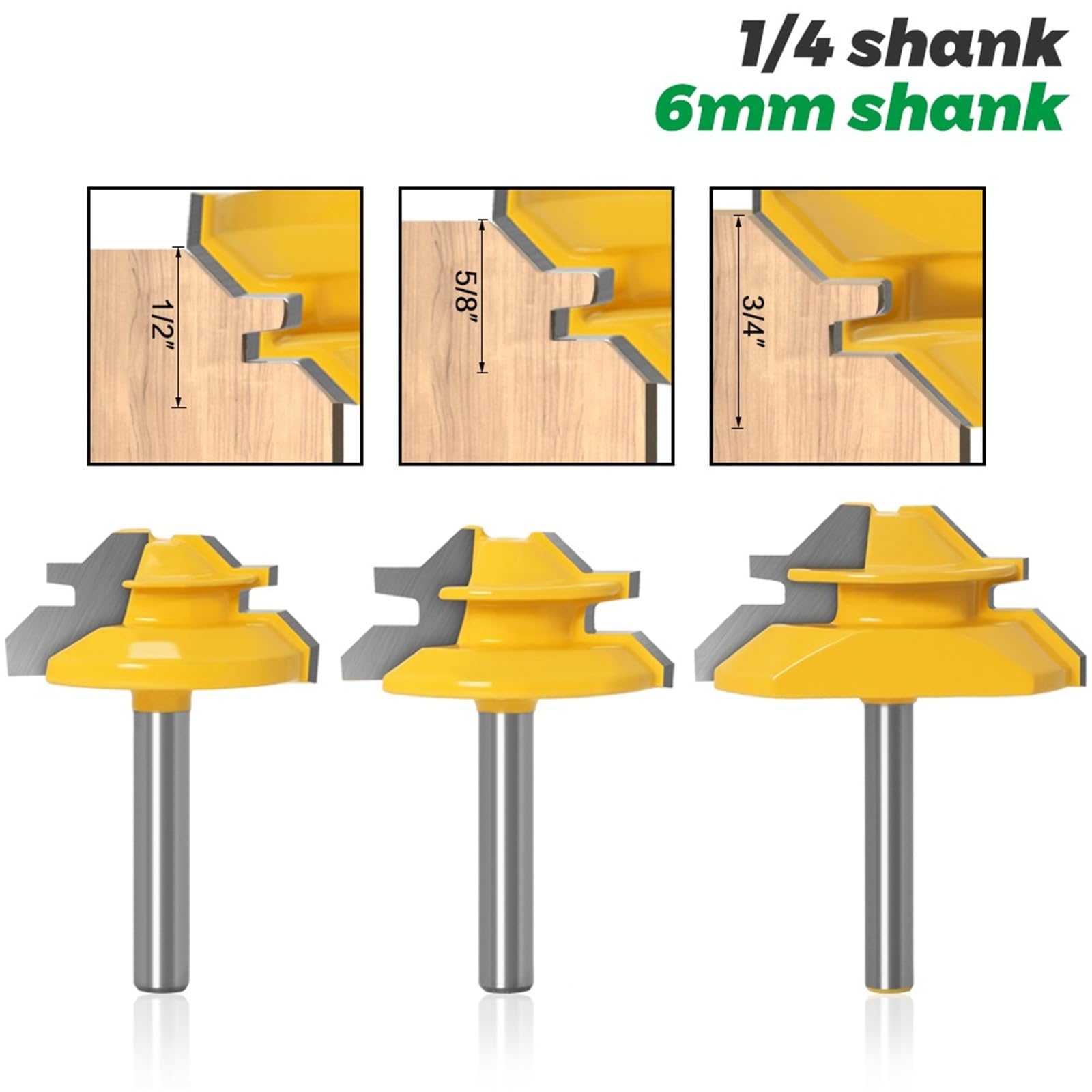 Fresa per incastri maschio-femmina, Fresa for fresatura obliqua con bloccaggio da 45 gradi, 3 pezzi, gambo 1/4 pollici e 6 mm(3pcs 6.35mm Shank)