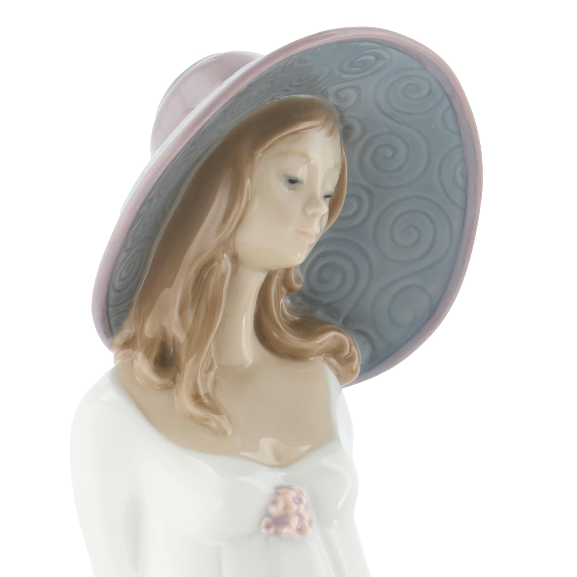 NAO Sol de Primavera. Figura Decorativa de Mujer en Porcelana Brillo. Escultura Ornamental Que Representa a Una Mujer con Vestido Blanco Sombrero para Celebrar la Frescura de la Primavera