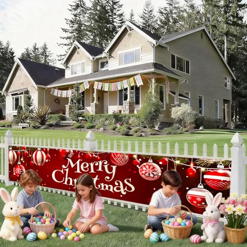 Image of Cmialusie Merry Christmas Baubles Banner - Christmas Ornaments and Snowflakes Banner for Holiday Decoration 71 x 18 inch