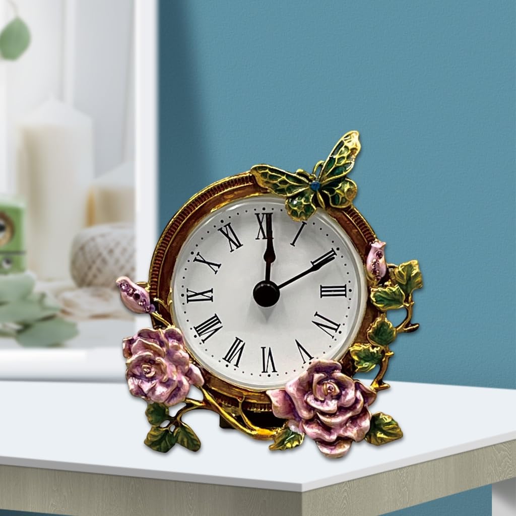 Elegancki mini zegar stołowy metalowy kwiatowy motyl do biura