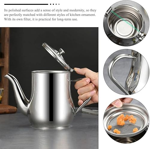 Miniatura 7 de Hemoton Recipiente de grasa de tocino con colador, recipiente de aceite de acero inoxidable de 24 onzas, lata de almacenamiento de aceite de cocina