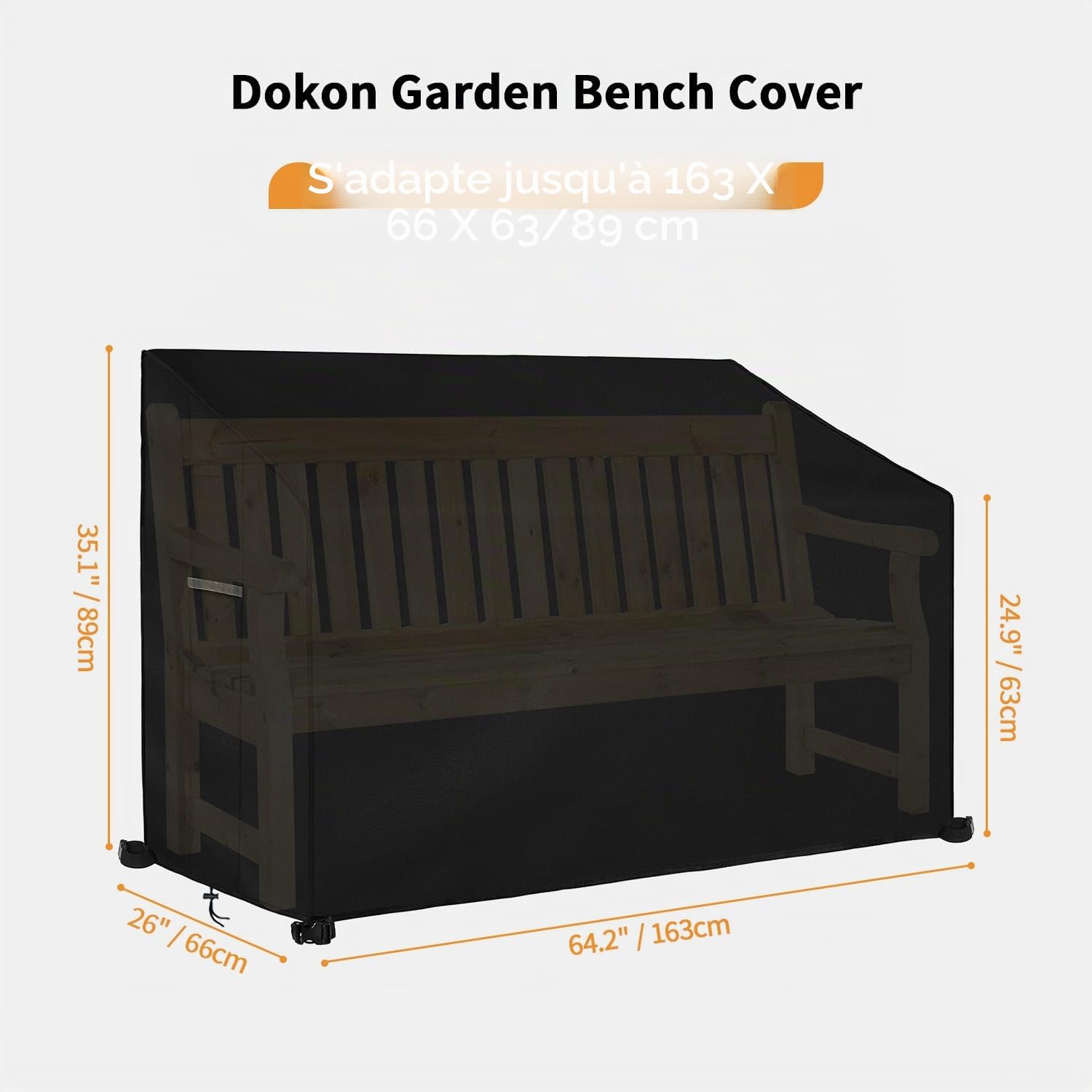 Dokon Housse Banc de Jardin 3 Places Imperméable Protection Extérieur Tissu Oxford 420D Anti-UV Noir 163x66x63/89cm