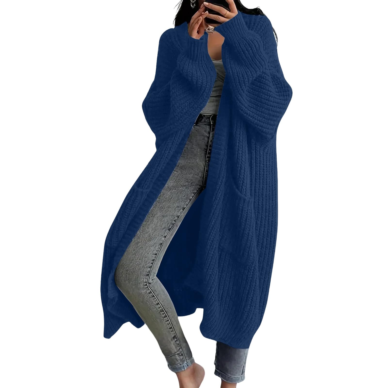 Long Cardigan Sweaters for Women Open Front Chunky Knit Coat Winter Long Sleeve Waffle Ribbed Sweaters with Pockets