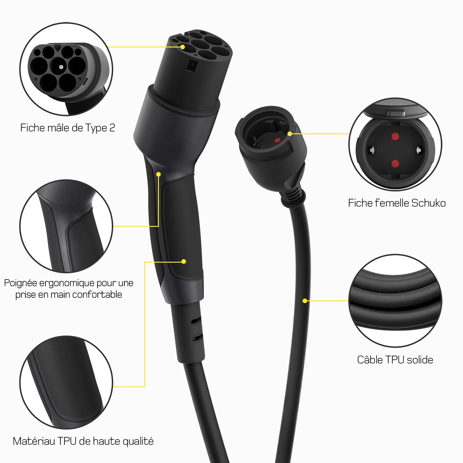 dé Adaptateur Type 2 vers Schuko 16A 0,6m Chargement Facile aux bornes de Recharge/Wallbox 230V, IP55 pour Vélo Électriques, Scooter Électriques et Motos Pas pour V2L