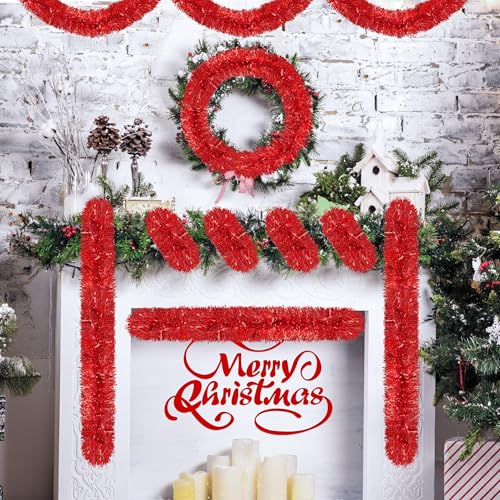 Image of 50 Ft Christmas Tinsel Garland Red Thick Tinsel Garland Xmas Tree Decorations Metallic Tinsel Twist Garland for Christmas, Birthday, Party Decor Indoor Outdoor Party Supplies