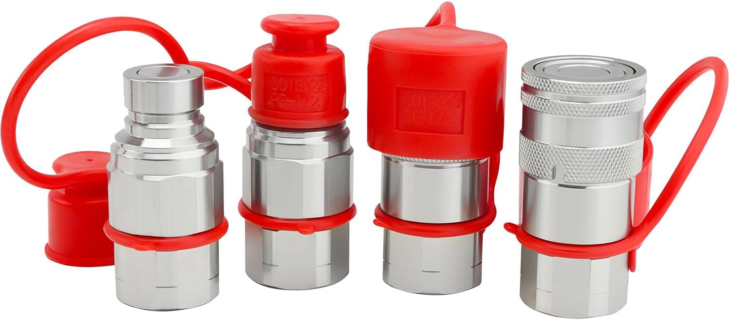 2 Sets 1/2" NPT Skid Steer Hydraulic Couplers with Dust Caps(ISO16028) Flat Face Hydraulic Quick Connect Coupler rating of 5076 PSI
