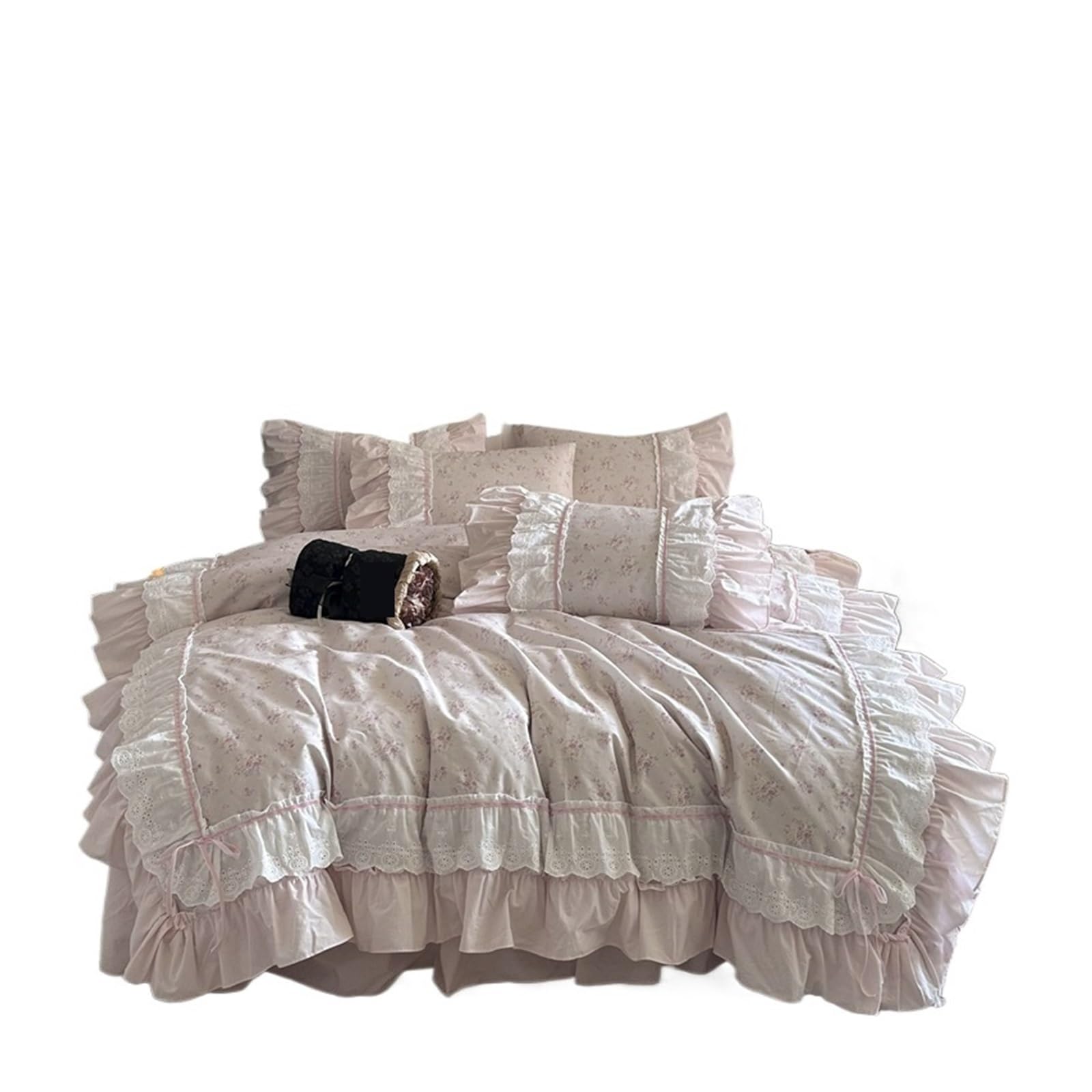 GCYEIDMA Ruffle Duvet Cover Floral Double Layer Lace Ruffles Cotton Bedding Set Duvet Cover Bed Sheet/Bed Skirt/Fitted Sheet Pillowcases 4Pcs(Color 1,King 220X240cm 4pcs)