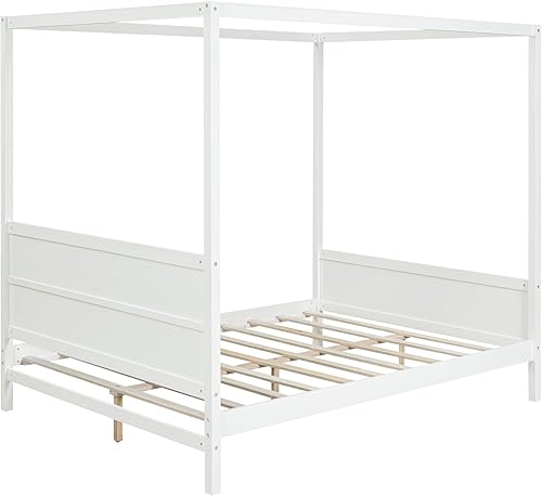 Miniatura 14 de Harper & Bright Designs Cama con dosel de tamaño Queen con cabecera y soporte de listones, cama de plataforma con tapicería de lino con marco de