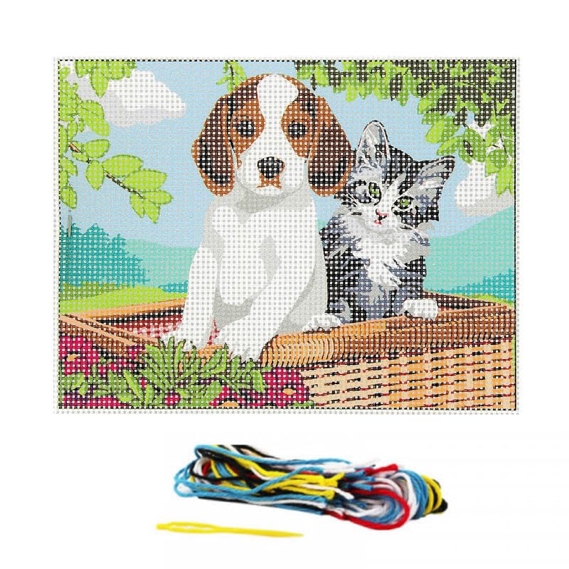 Kit Canevas Point De Croix Chiot Et Chaton - Dessin 15x20cm Avec Fils Et Aiguille