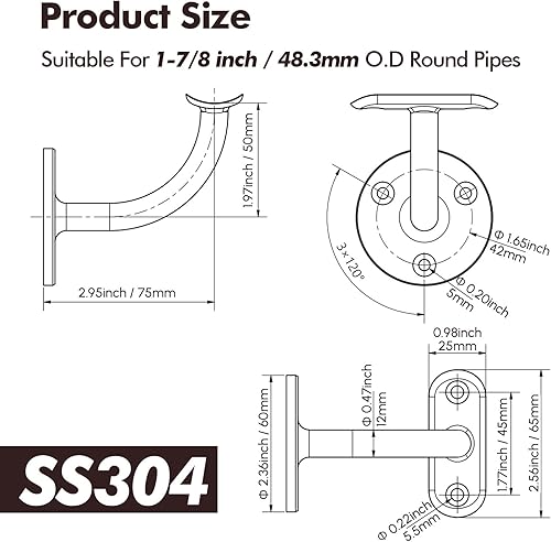Miniatura 2 de Soporte de barandilla de mano, paquete de 2 accesorios resistentes de acero inoxidable 304 para escaleras de tubería de 1-78 pulgadas (1.902 in),