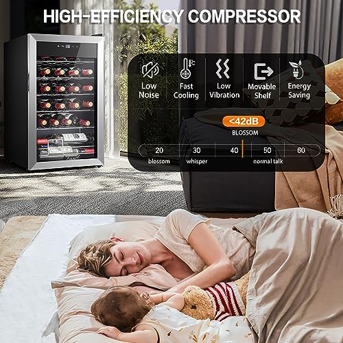 AAOBOSI 17 Inch Compressor Wine Cooler, 24 Bottle Wine Refrigerator with Stainless Steel Tempered Glass Door for Red, White or Champagne, Memory Function, Wine Fridge Freestanding and Built-in