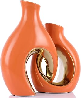 Orange and Gold Ceramic Vase Set for Home Decor, Modern Abstract Hollow Donut Vases for Living Room Table, Boho Pampas Grass Flower Vase, Mid-Century Decorative Centerpiece