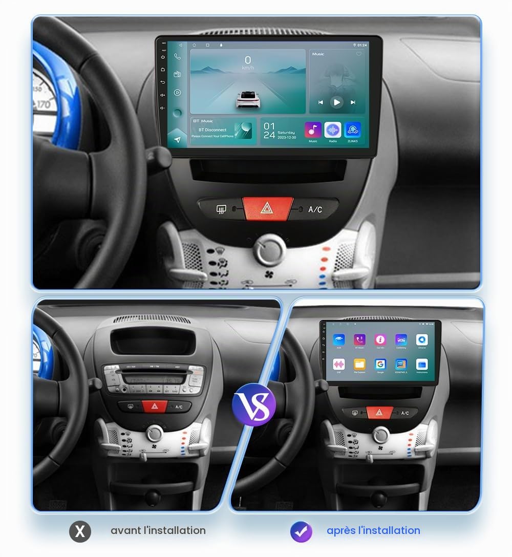 Autoradio Android 13 10,1" avec écran tactile 4 cœurs pour Peugeot 107/Toyota Aygo/Citroën C1 2005-2014 WiFi CarPlay/Android Auto Bluetooth 4G SWC GPS RDS 2 Go + 64 Go