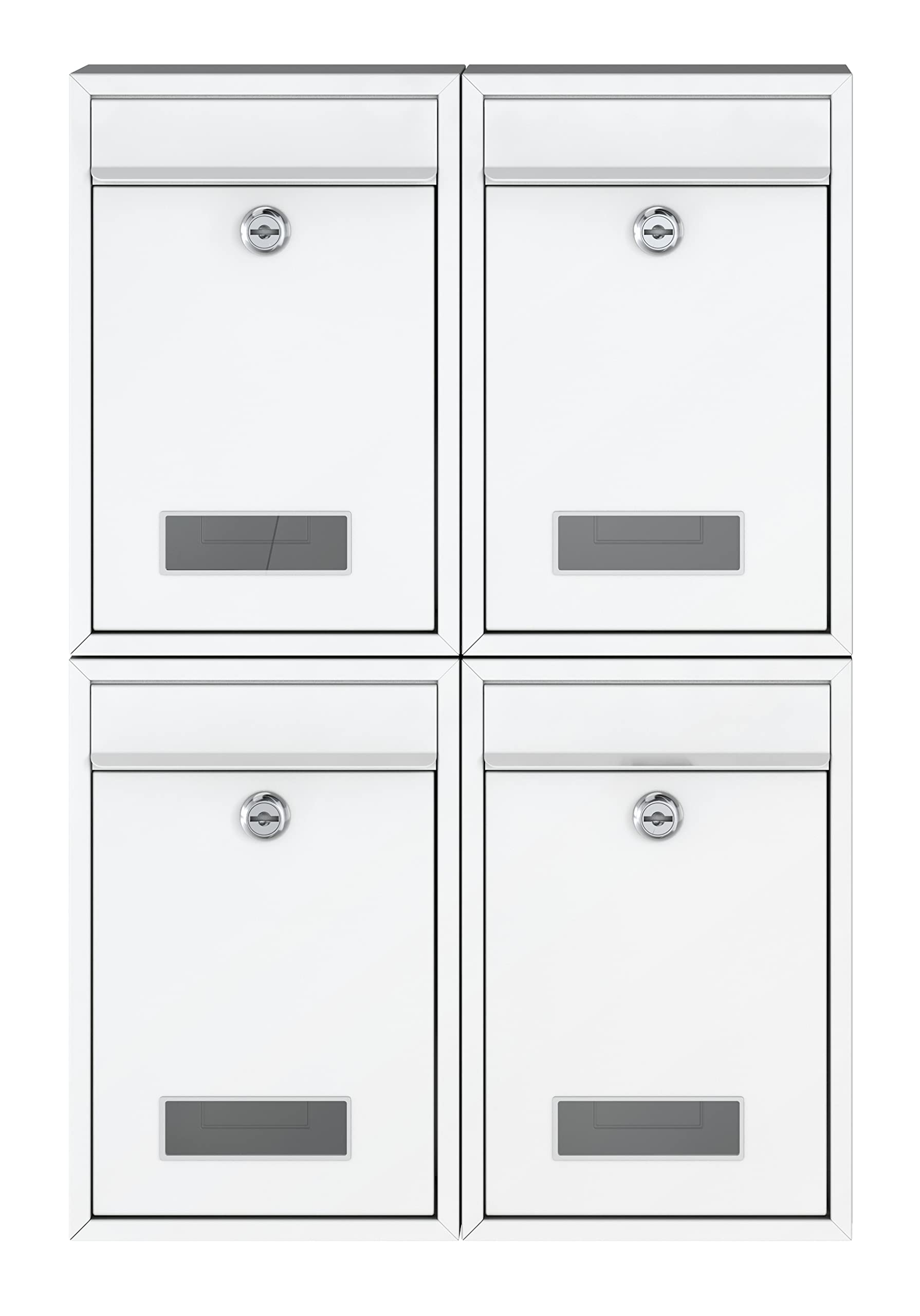 BASI Juego de 4 buzones de pared de acero, color blanco mate, con placa para nombre, cerradura cilíndrica con 2 llaves cada una, incluye material de fijación, sistema de buzón, 4 unidades