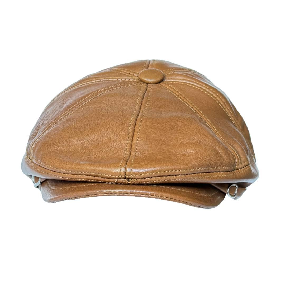 Genuine Leather Newsboy Ivy League Classic Flat Cap with Earflapg (XLarge-2X-Large, Tan)