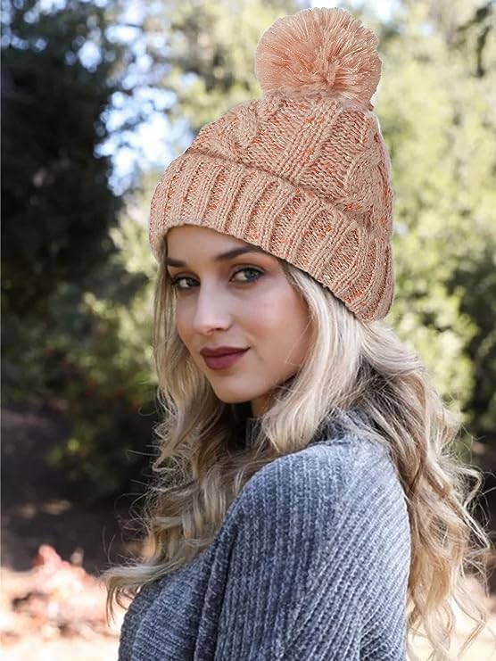 Beautiful Nomad Women's Winter Hat Warm Knitted Beanie with Chunky Bobble Pom Pom Light Pink