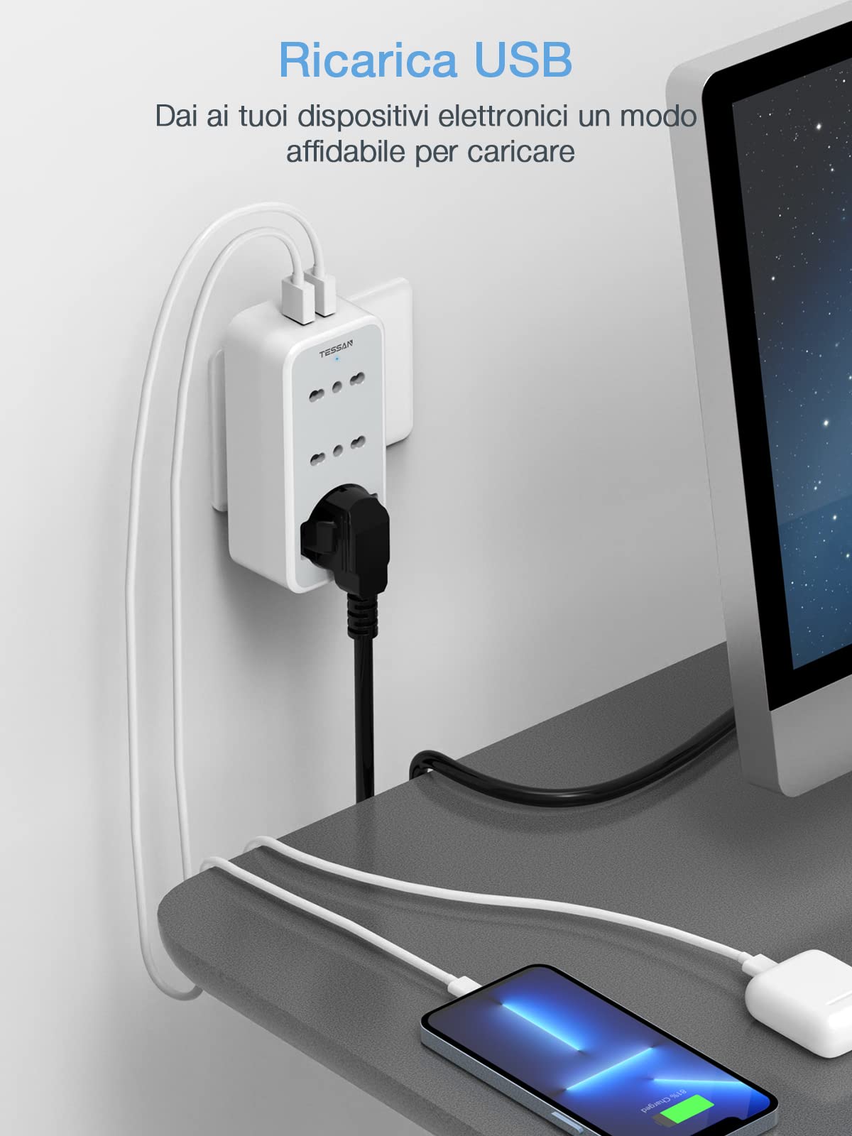 TESSAN Presa Elettriche, Multipla Salvaspazio con 1 Polivalenti e 2 Bivalenti 10/16A, Tripla Schuko con 2 Porte USB, Multipresa Elettrica 3680W, Presa USB da Muro per Telefono e Elettrodomestici