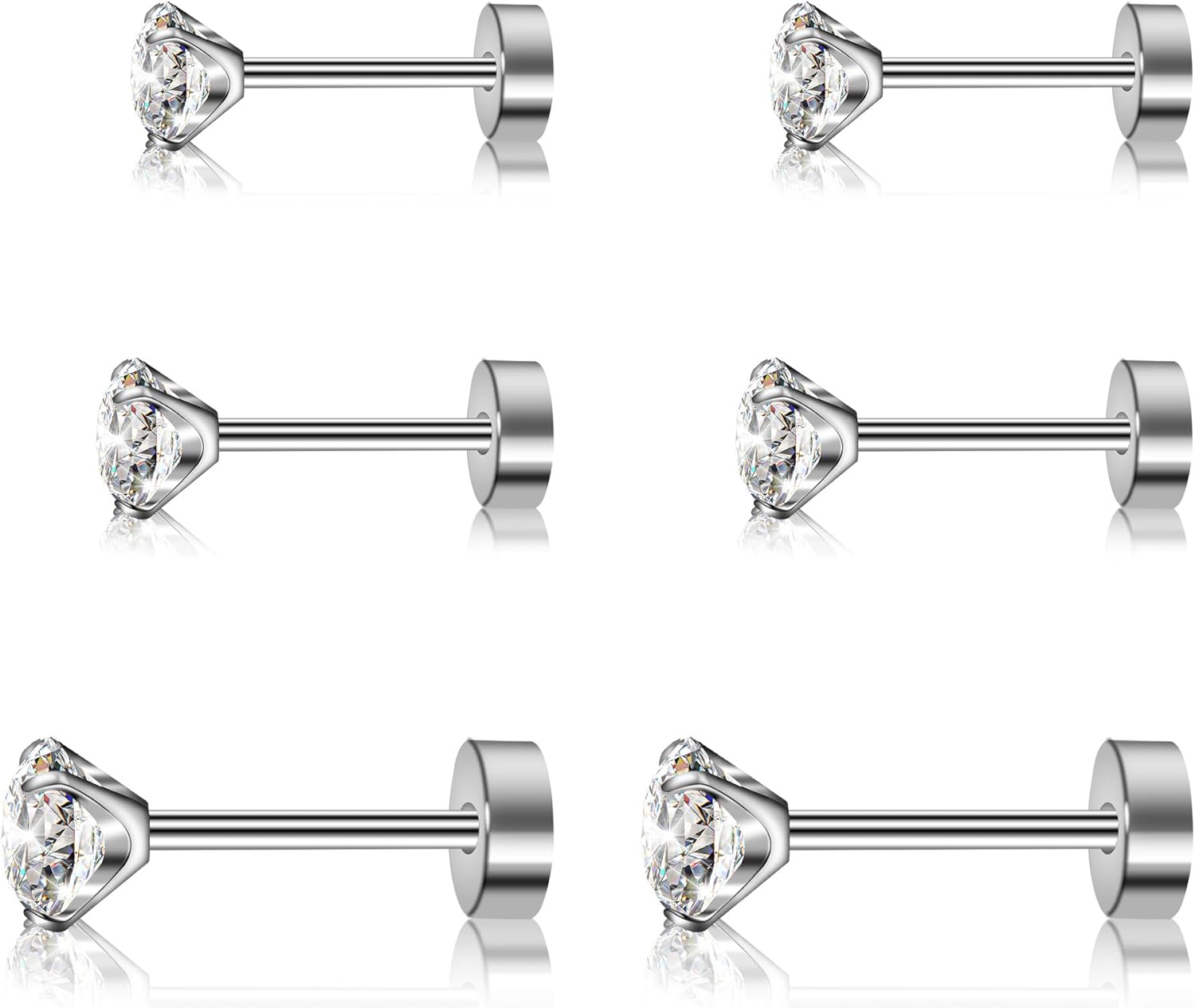 3 Pairs Flat Back Earrings for Women, Titanium CZ Stud Flat Screw Back, Hypoallergenic Cartilage Flatback, Tragus Helix Tragus Conch Piercing(3mm/4mm/5mm Gold/Pink/Silver/Black White CZ)