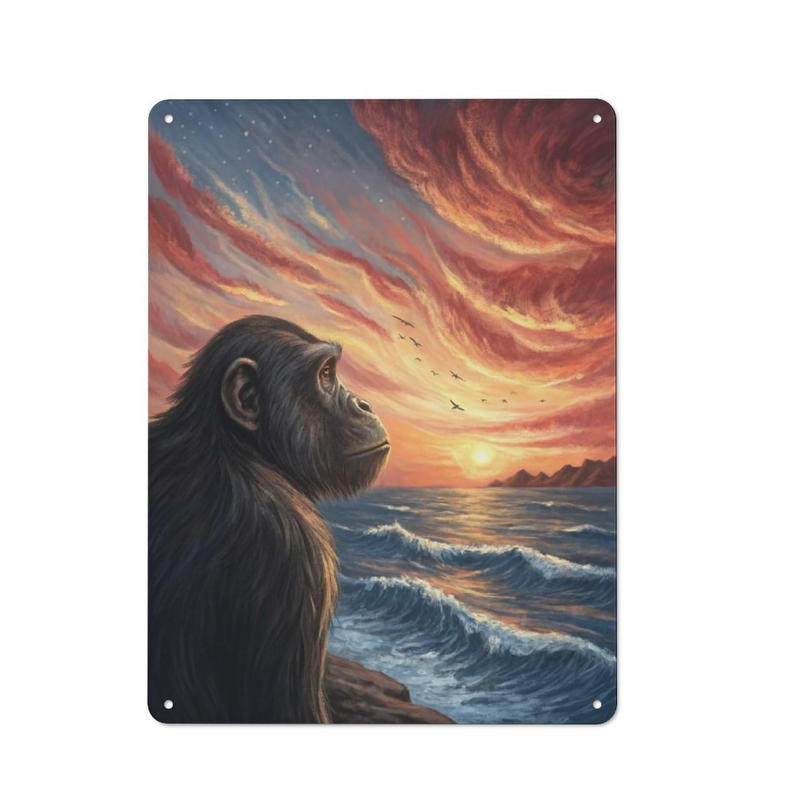 Junmoney Style-11 Tin Wall Plaque 40X30cm With Chimpanzee Gazing At Sunset Over Ocean For Café Or Restaurant, Housewarming Present For People Styling Café And Restaurant