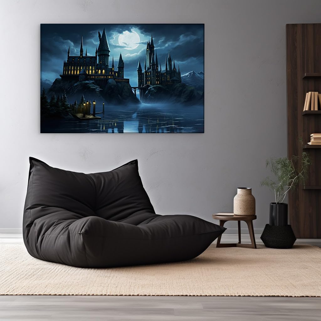 Canvas for Living room. Enchanted Evenings at catle: A Moonlit Castle's Magical Allure, 27 x 18 inch Canvas Wall Art - Watercolor Painting - Nature Home Decor