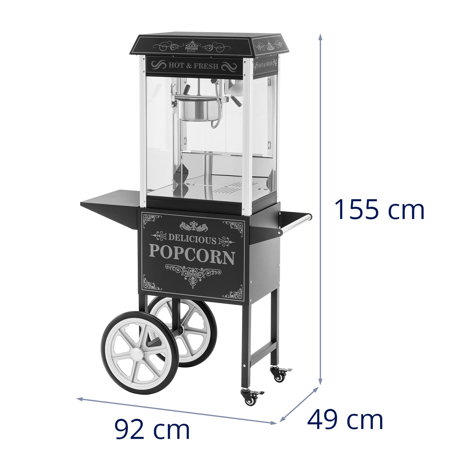 Royal Catering Macchina per popcorn con carrello, design retrò, 1500 W, 195/235 °C, 2 temperature per popcorn dolci e salati, nero
