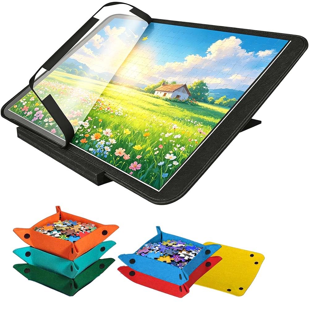 Anti-slip puzzle mat, portable and easy-to-store felt puzzle mat suitable for 1000 puzzle pieces, comes with 6 colored sorting trays and a dust cover.