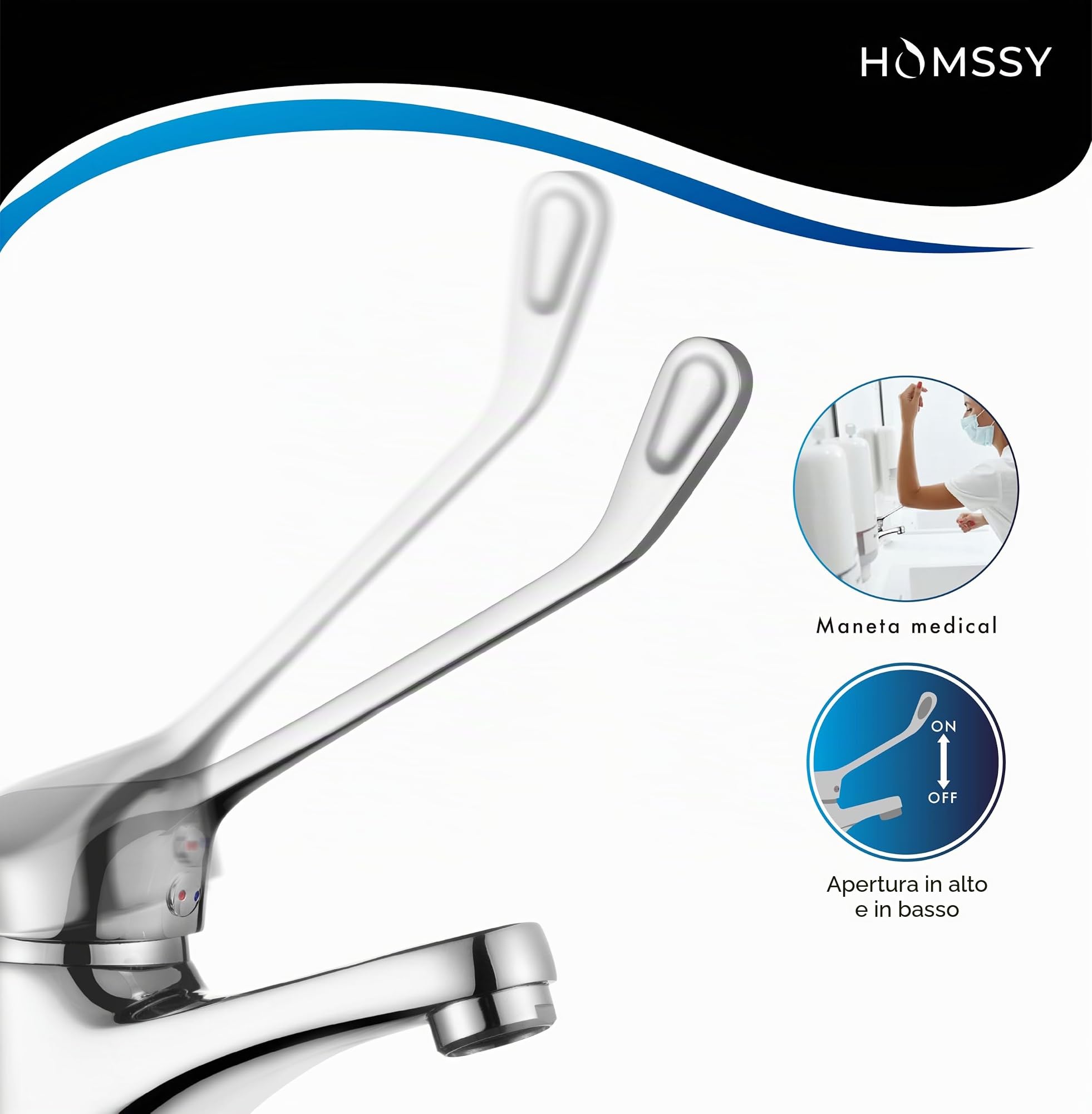 Rubinetto gerontologico medical per lavabo – miscelatore monocomando con leva clinica a gomito lunga, design ergonomico, cartuccia ceramica, ottone cromato