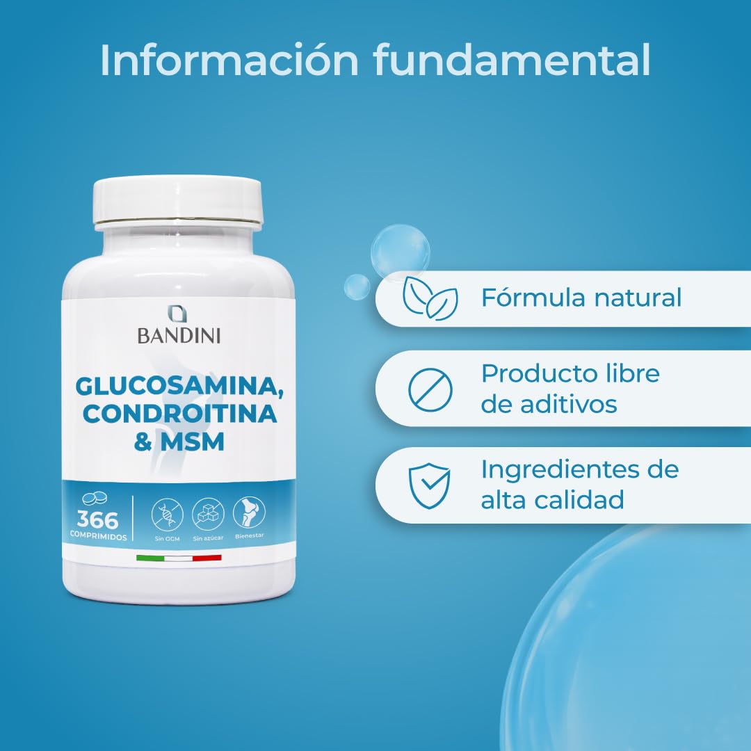 Bandini® Glucosamina Condroitina MSM y Vitamina C 366 Comprimidos | Para articulaciones y cartílagos | Complejo con 600 mg de glucosamina, 100 mg de condroitina y MSM por dosis | 6 meses de suministro