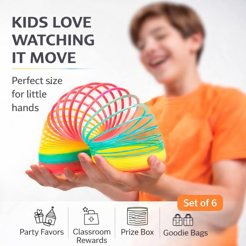 Liberty Imports 6 Pack: Large Magic Rainbow Coil Springs - 4" Classic Plastic Neon Plastic Walking Spring Toy, Bulk Kids Novelty Party Favor Supplies