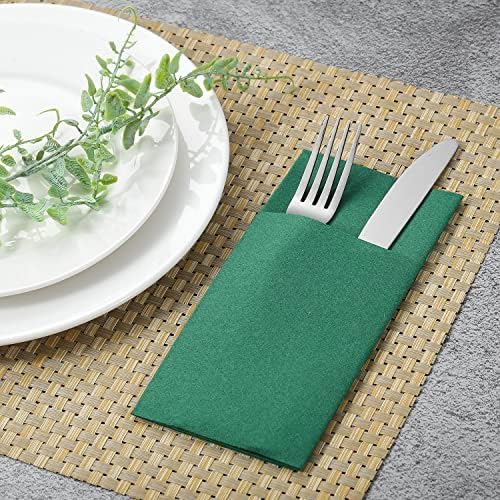 MORGIANA Disposble Green Paper Napkins Built-in Flatware Pocket,Linen Feel Green Napkins, Prefolded Cloth Like Guest Towels for Bathroom, Christmas, Wedding, Parties,Restaurant